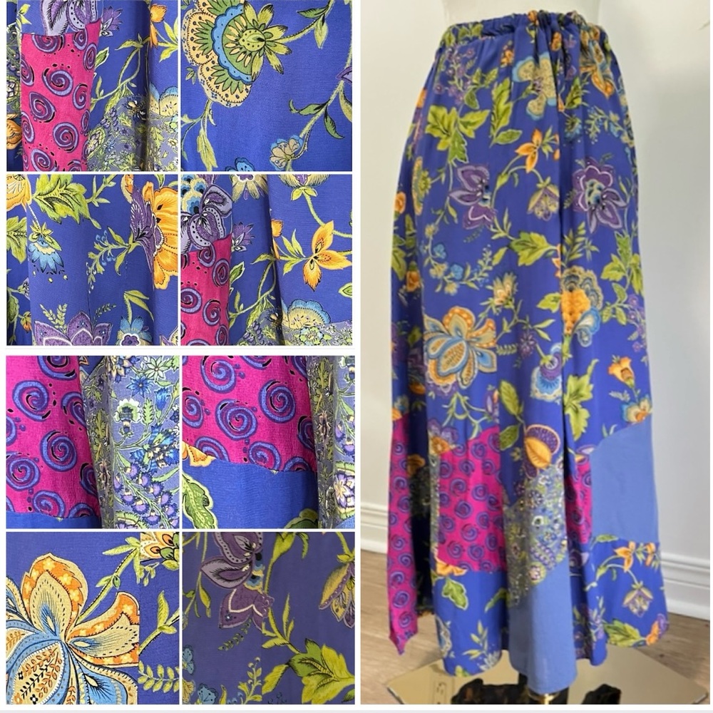 Vintage 90’s Royal Blue Floral + Paisley Patchwork Boho Midi Skirt - Picture 6 of 16